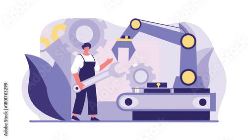 Flat illustration of a skilled repairwoman confidently using a wrench to fix or build something symbolizing expertise and problem solving in a clean modern design