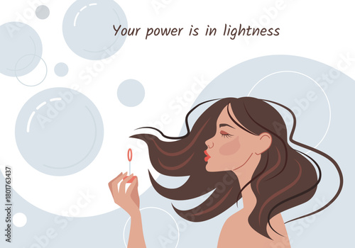 A girl with flowing hair blowing soap bubbles. A romantic postcard with a tender young woman. Vector illustration in a flat style.