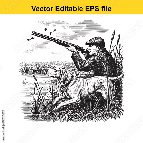 Hunter with dog and shotgun aims at birds flying over a marshy lake in a vintage illustration style