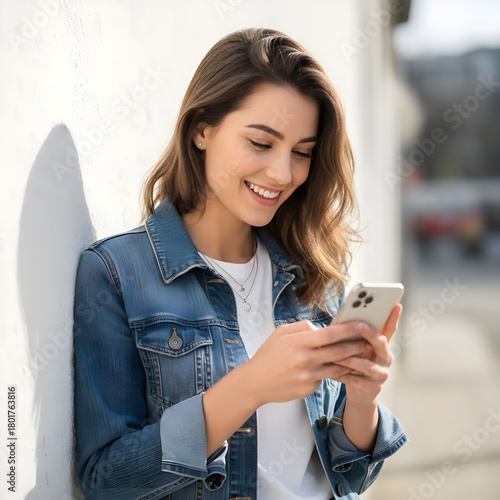 Radiant Young Woman Smiling at Smartphone, Leaning Against Bright White Wall in Soft Sunlight.