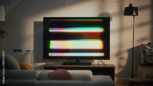Abstract Glitch Art on TV Screen in Modern Living Room