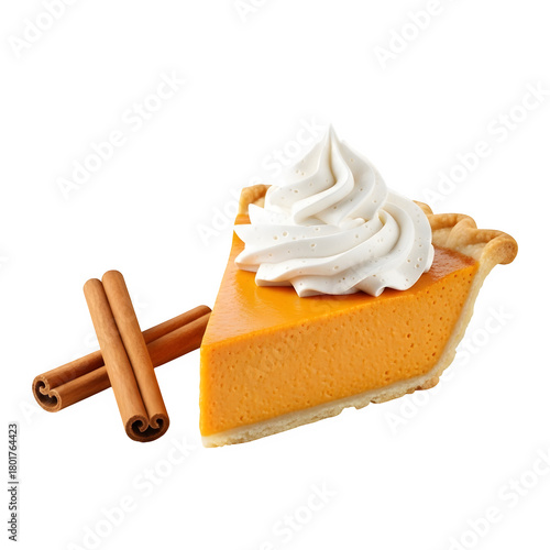 Delicious autumnal pumpkin pie slice with cream and cinnamon isolated on transparent background