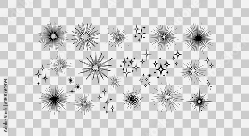 Collection of abstract black and white starburst and sparkle graphic elements