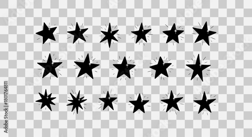 Collection of hand drawn black stars on a transparent background