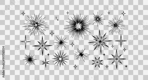 Collection of hand drawn sparkling starbursts and star shapes on transparent background