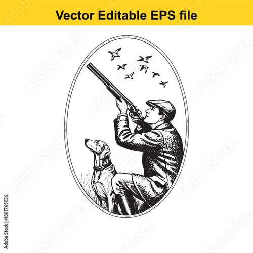 Hunter aiming shotgun at birds with dog in oval frame, isolated on