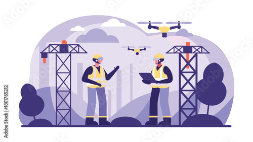 Futuristic construction site scene with advanced drones providing aerial assistance and support for modern building projects