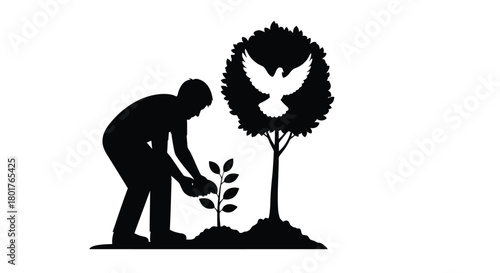 Silhouette of a person planting a sapling with a dove symbol in a tree representing peace and hope