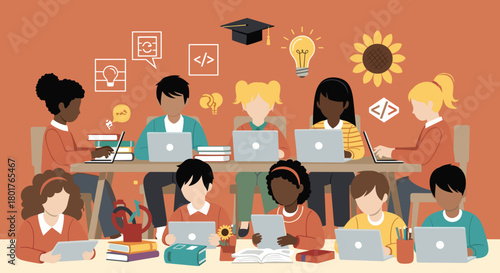 Diverse students learning together with laptops and tablets