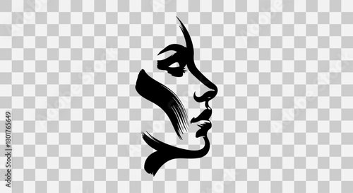 Abstract black ink brush stroke portrait of a woman in profile