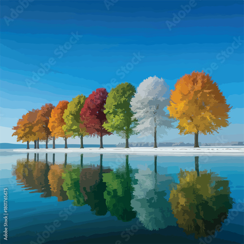 Colorful autumn trees and foliage reflecting on the calm lake water under a blue sky