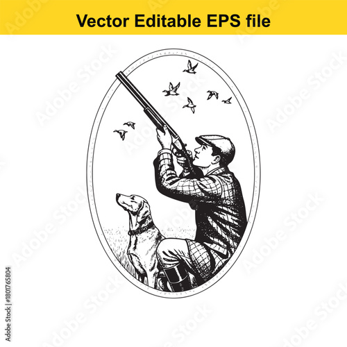 Hunter aiming shotgun at birds with dog in oval frame, isolated on