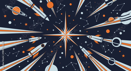 Illustration of rockets planets stars and constellations art