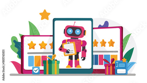 Humorous robot character holding a clipboard and giving a product rating ideal for technology review or customer feedback related designs