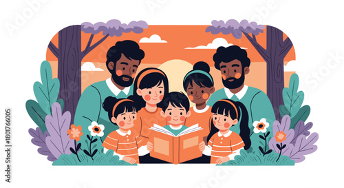 A family reading a book together in a nature filled setting