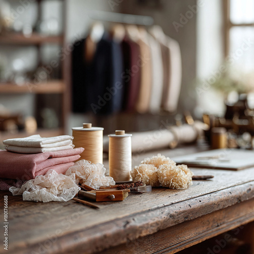 Artisans workspace, showcasing threads, fabrics, and tools on a weathered wooden table. Evokes craftsmanship, creativity, and vintage charm. Ideal for design or lifestyle.