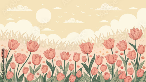 A Field of Pink Tulips with Birds and Clouds in the Sky