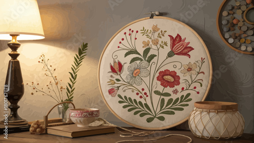 A floral embroidery design displayed on a wooden table