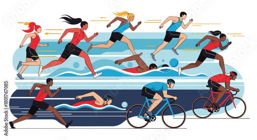Illustration of people participating in triathlon events race