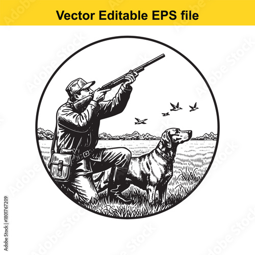 Hunter with shotgun and dog in a circle, hunting ducks in a marsh, vector illustration
