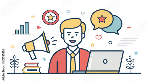 A marketing manager with laptop and megaphone in office setting