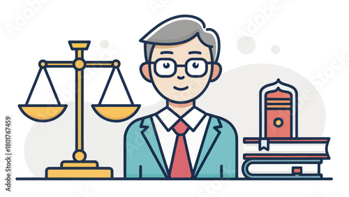 A Legal Advisor with Glasses and Scales in Vector Illustration