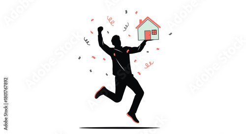 Joyful silhouette of a person jumping with a small house held high in celebration