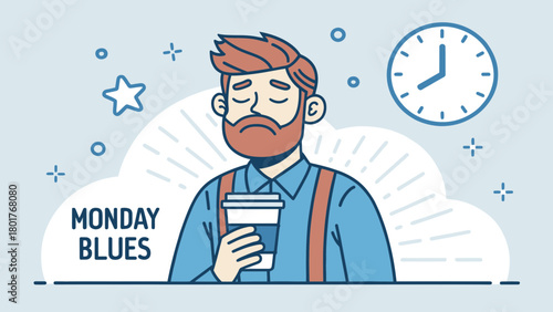 A tired man holding coffee in the morning with Monday blues