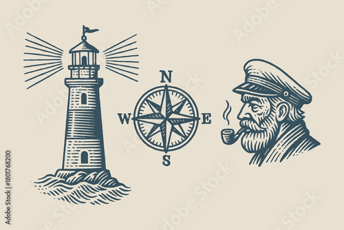 Lighthouse and sea captain nautical engraving vector illustration