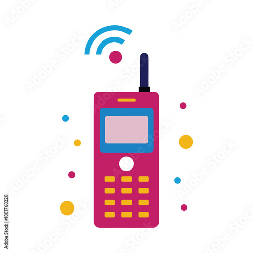 90s style cell phone with antenna and speech icons.