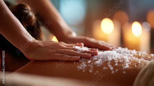 A serene massage scene featuring hands applying salt scrub on a back, surrounded by warm candlelight for a relaxing ambiance.
