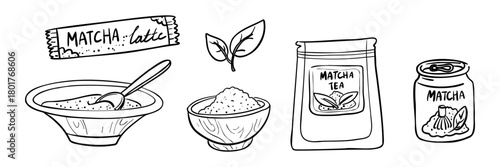 Set of ingredients and packaging for matcha tea. bag of powder latte, tea leaves, cup of powder, canned drink. healthy eating blogs, coloring pages, cafe branding, artistic illustrations for recipes