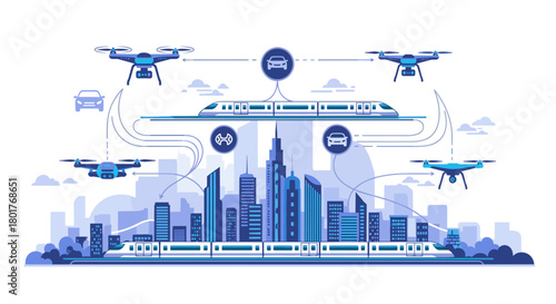 Illustration of a smart city with drones and public transport