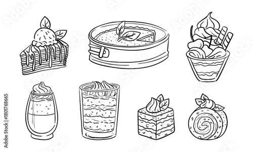 set of matcha desserts. Layered cake, cheesecake in a baking pan, parfait, mousse, ice cream, and Swiss roll. Contoured monochrome pastries. For bakery menus, culinary blogs, gourmet dessert lines.