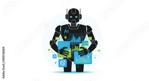 Futuristic robot holding glowing digital data streams and holographic screens against a white background