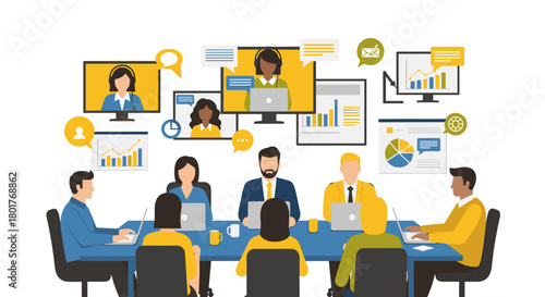 People in a meeting with video conference and data on screens