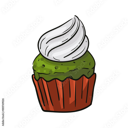 Green matcha cupcake in a red wrapper, topped with white whipped cream. Colorful illustration with a black outline for baking menus, birthday invitations, and sweet treats