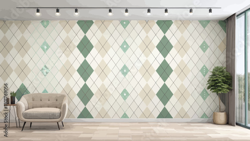 Argyle Diamond Pattern Wallpaper In An Interior Room Setting