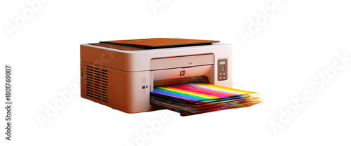 Salmon-colored printer printing rainbow pages