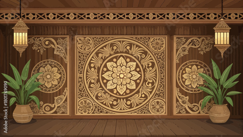 Balinese Wood Carving Detail Showing Floral Pattern Design