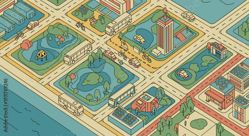 Isometric city illustration with buildings and transportation
