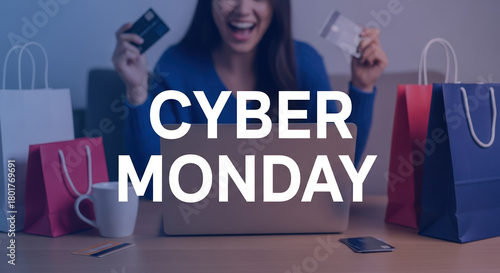Cyber Monday online shopping with smiling young woman holding credit cards and shopping bags. Cyber Monday deals and special online discounts are here for holiday season, sales, and promotions.