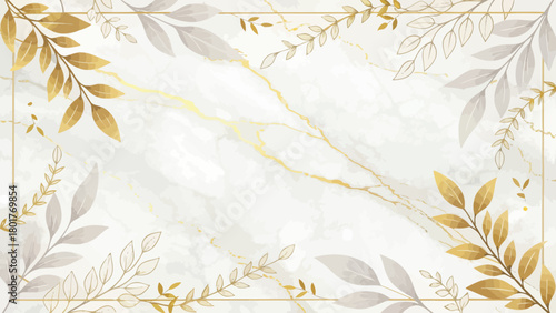 Elegant marble background with golden floral design elements