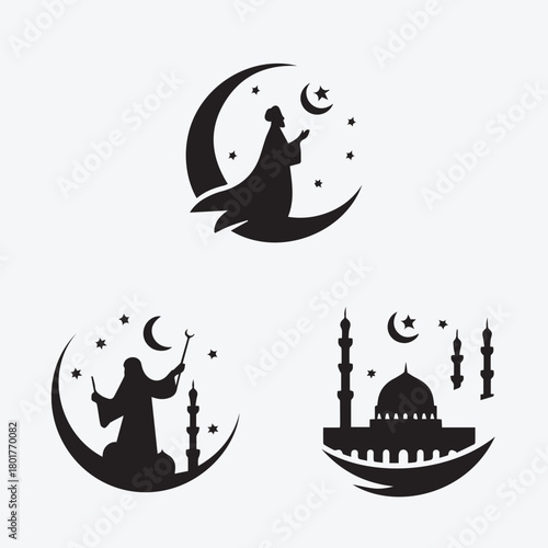 Winged Rider on Horse, Angel, and Mosque Dome Islamic Silhouette Icons