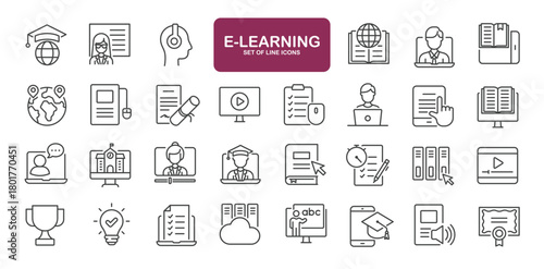 Set of line icons related to e-learning, school, study. Outline icons collection