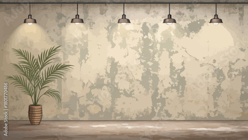 Grunge wall texture with pendant lights in empty space