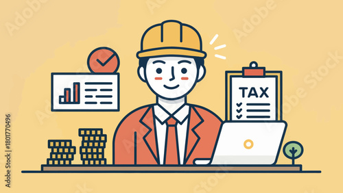Happy tax consultant with helmet and laptop working on taxes