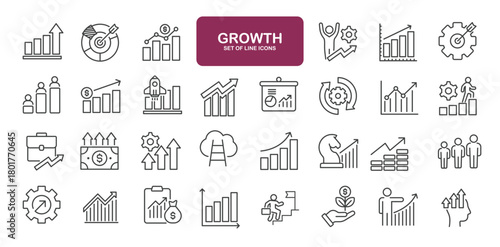 Set of line icons related to growth, increase, gain, chart. Outline icons collection