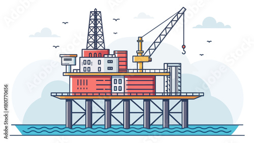 Illustration of an Offshore Oil Platform on the Ocean with Birds