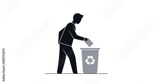 Silhouette of a person in a suit throwing a piece of paper into a recycling bin